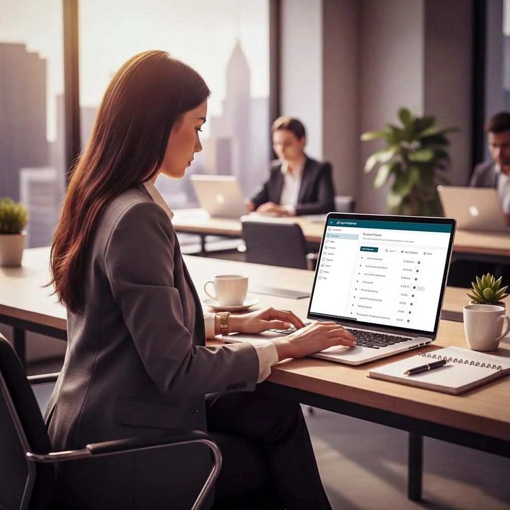 Real estate agent using Agent Xpense on laptop to track commissions and expenses